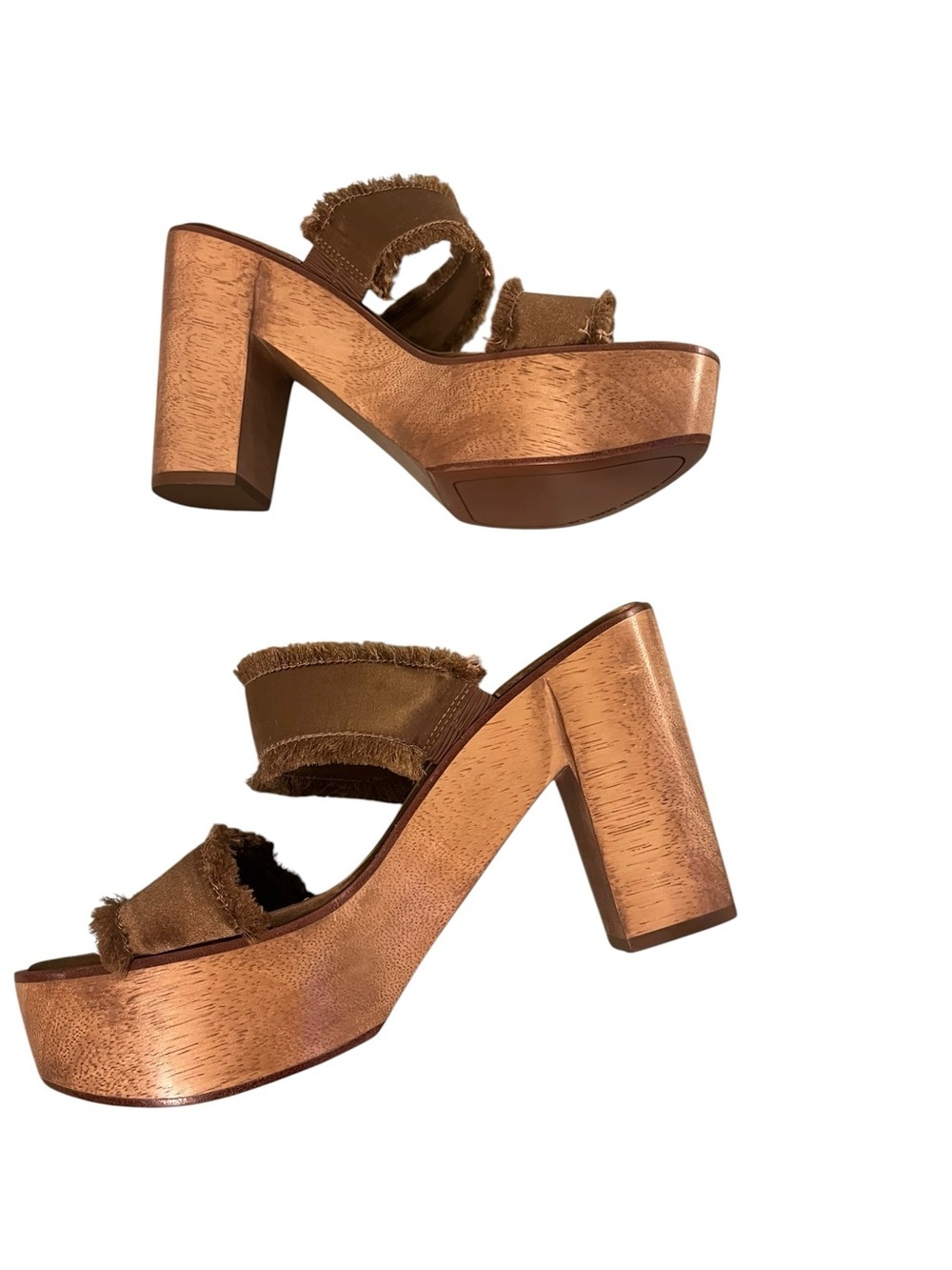 10 Crosby Derek Lam Platform Mule Sandals 7M Brown Fringe Wood Heel Boho Granola - Picture 4 of 10